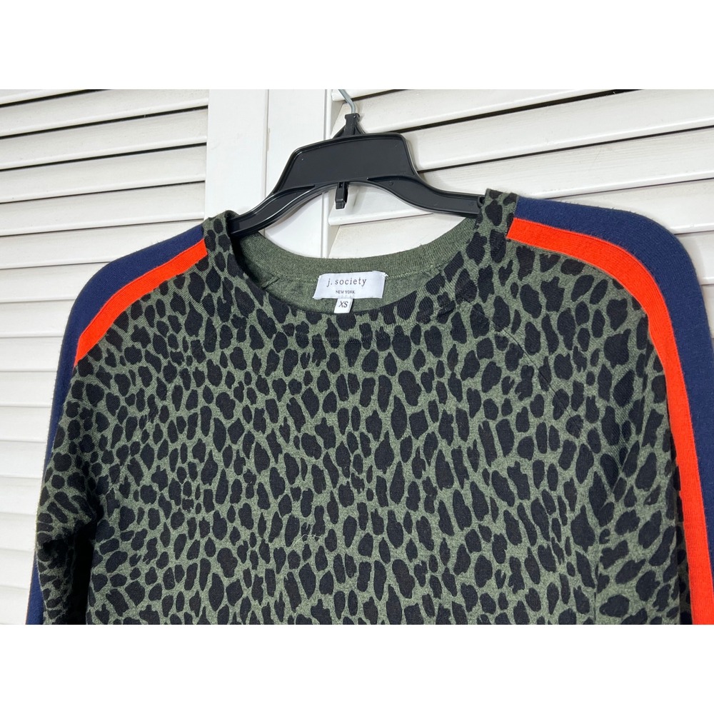 J Society Leopard Sweater XS Olive Racing Stripe Sleeve Crewneck Sporty Chic